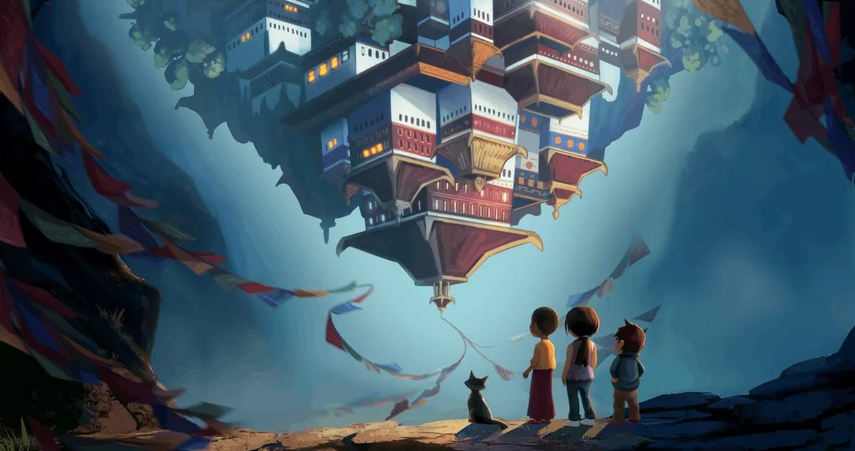 Illustration of children and a dog under prayer flags, looking up at a floating Himalayan city