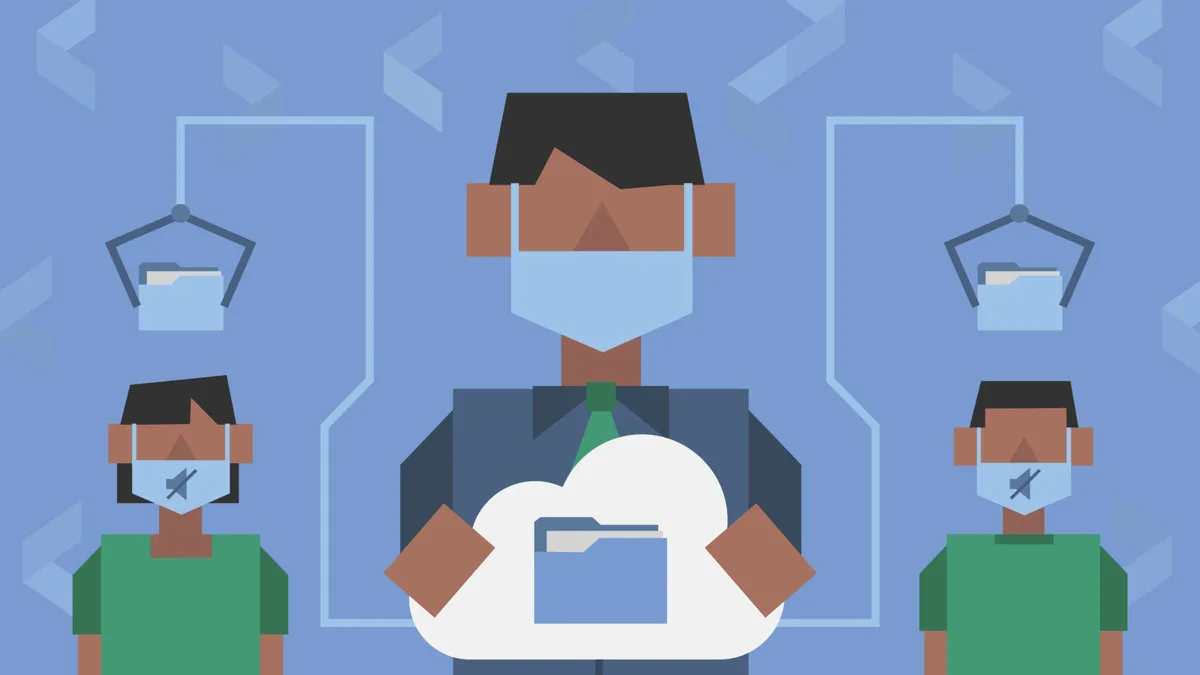 Flat illustration of masked office workers sharing files through the cloud