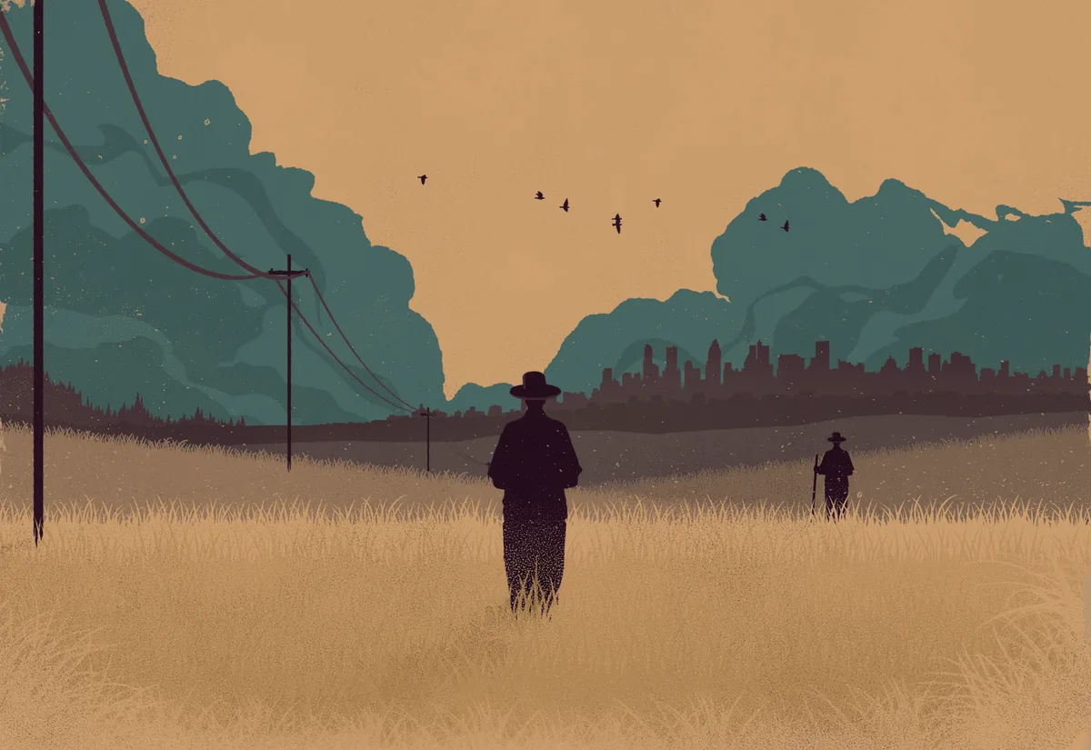 Illustration of a lone figure in a rural field, with a city skyline far in the distance