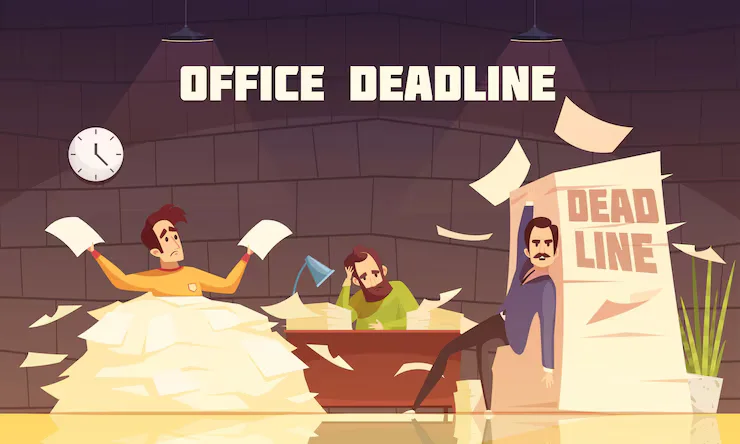 Cartoon of office workers buried under piles of paper beneath a sign reading 'Office Deadline'