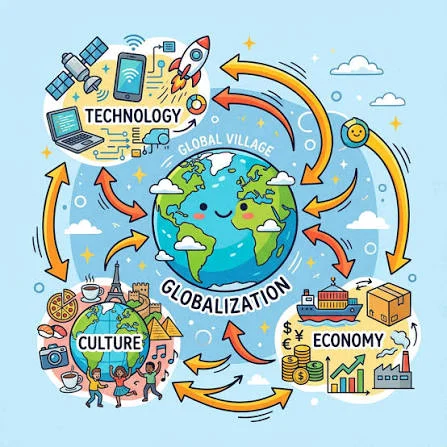 Illustration of a smiling globe at the centre of a 'global village', linked by arrows to technology, culture and economy