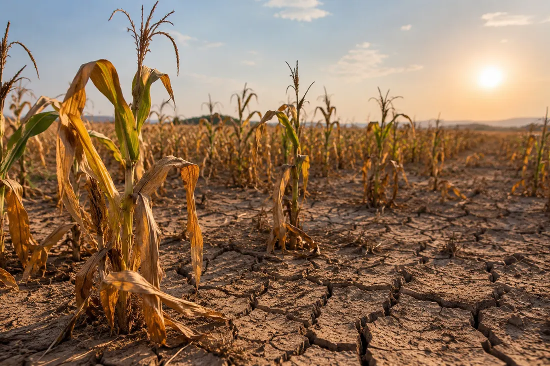 Illustration of a maize field withered by drought, with cracked soil under a low sun